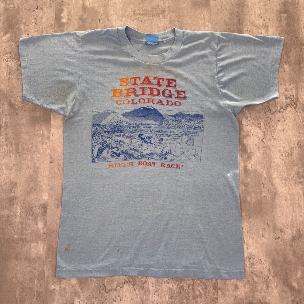 Vintage Colorado State Bridge T-Shirt Mens M Blue River Boat Race Paper Thin 80s